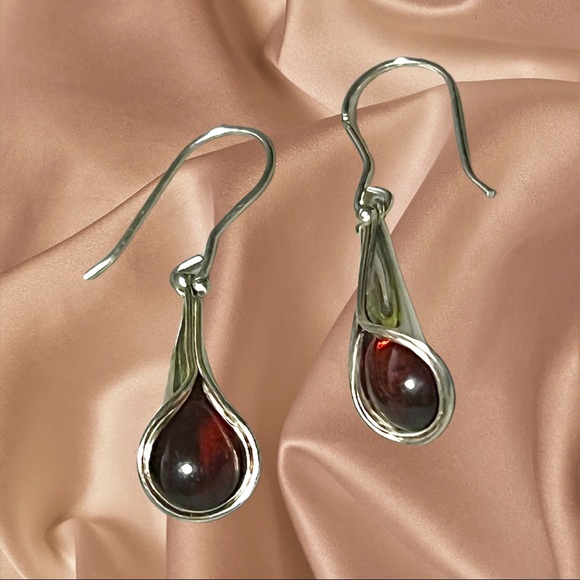 Sterling Silver Calla Lily Dangle Earrings w/ AmberCenters 1.5” - Picture 3 of 4